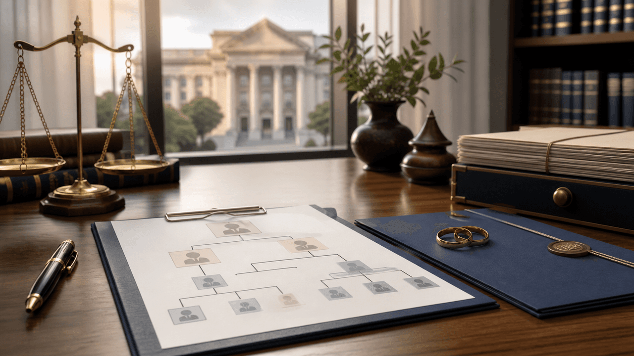 Probate documents, wedding rings, and scales of justice representing succession and customary union disputes in Kenya